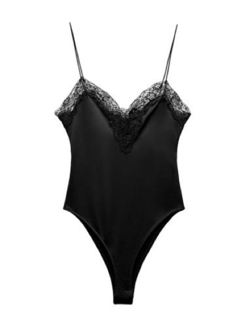 Zara Black Lace-Trim Satin Bodysuit with Spaghetti Straps